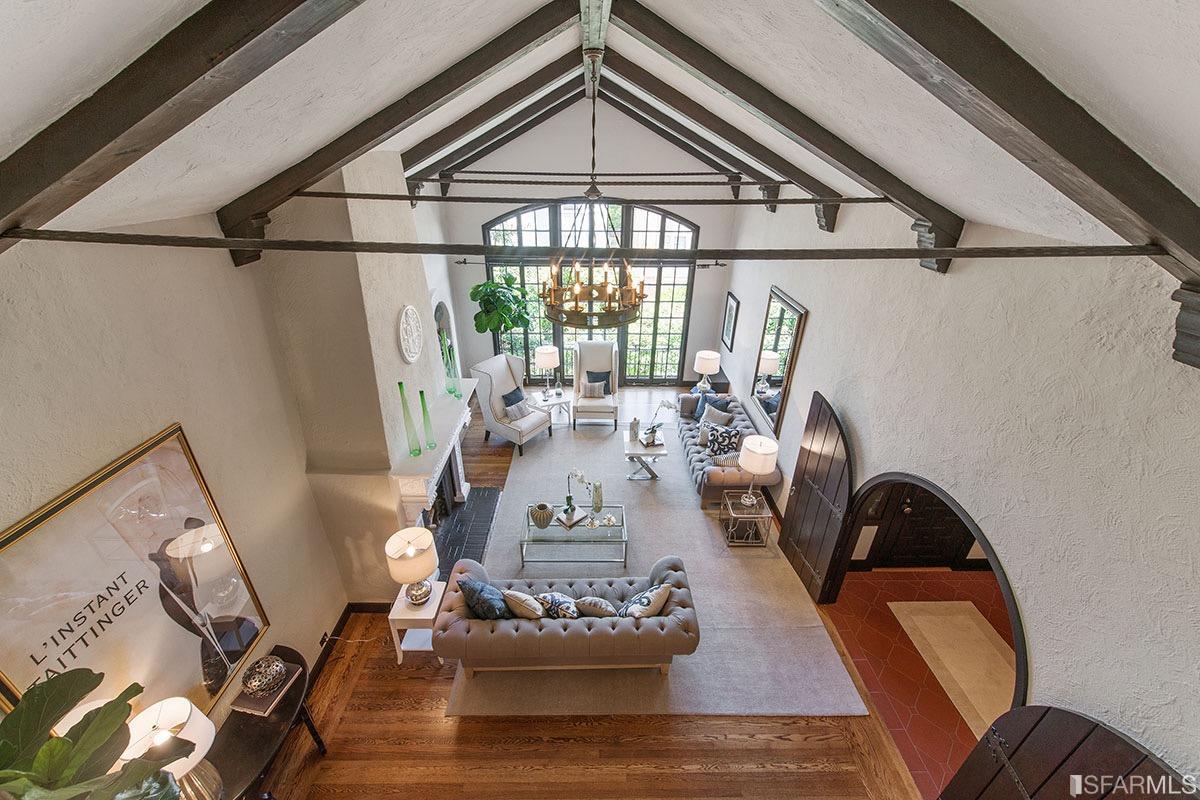 A frame ceiling with beams